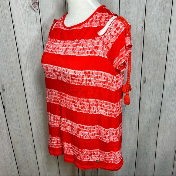 Michael Kors Women’s Large Red Dark Clementine Cold Shoulder Tassled Top Blouse - Picture 2 of 10